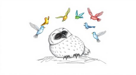 A charming hand-drawn pencil sketch in the style of Pixar animation depicts a blind owl peacefully resting as brightly colore