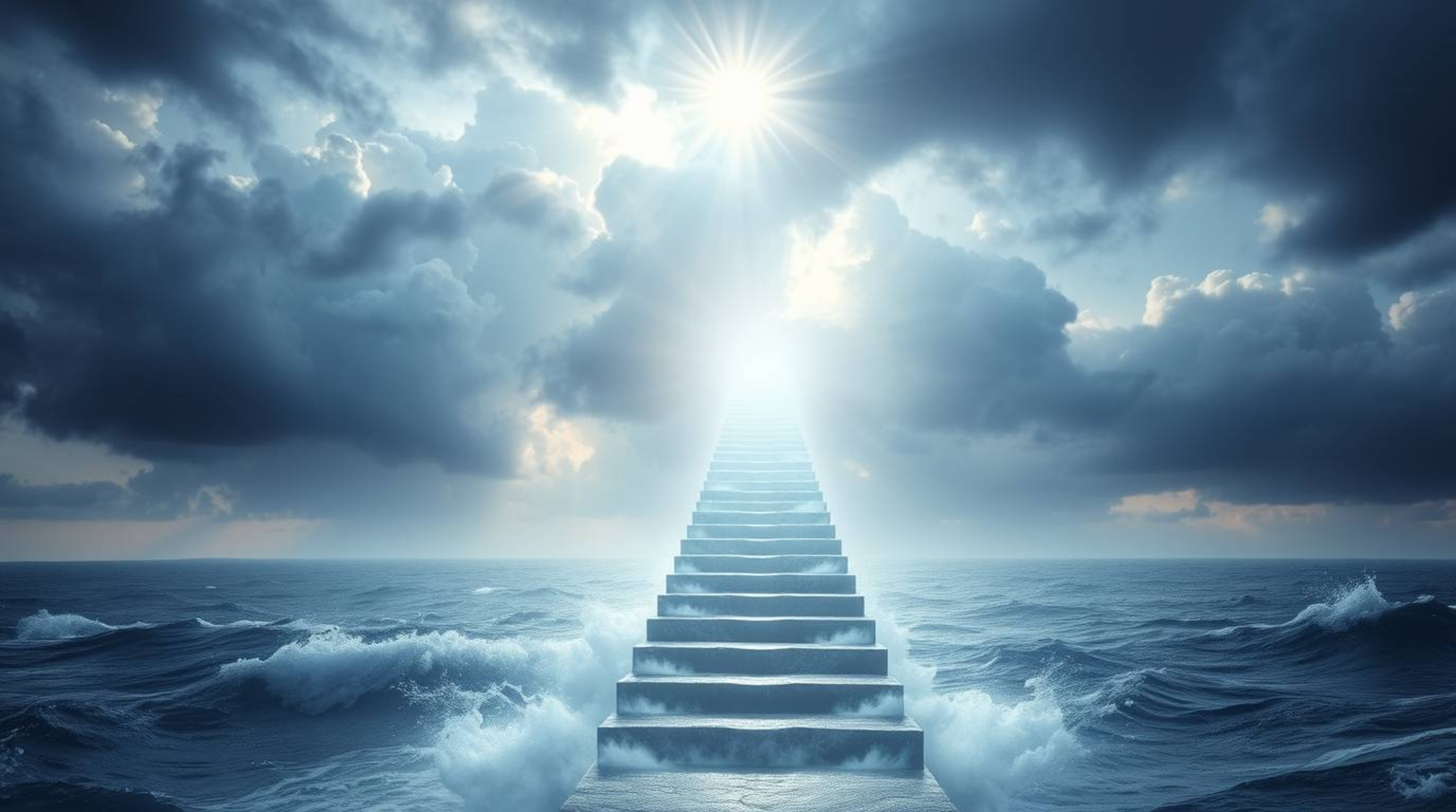 This dramatic image captures an ethereal and spiritual vibe, showcasing an ocean staircase ascending to a stormy sky illumina