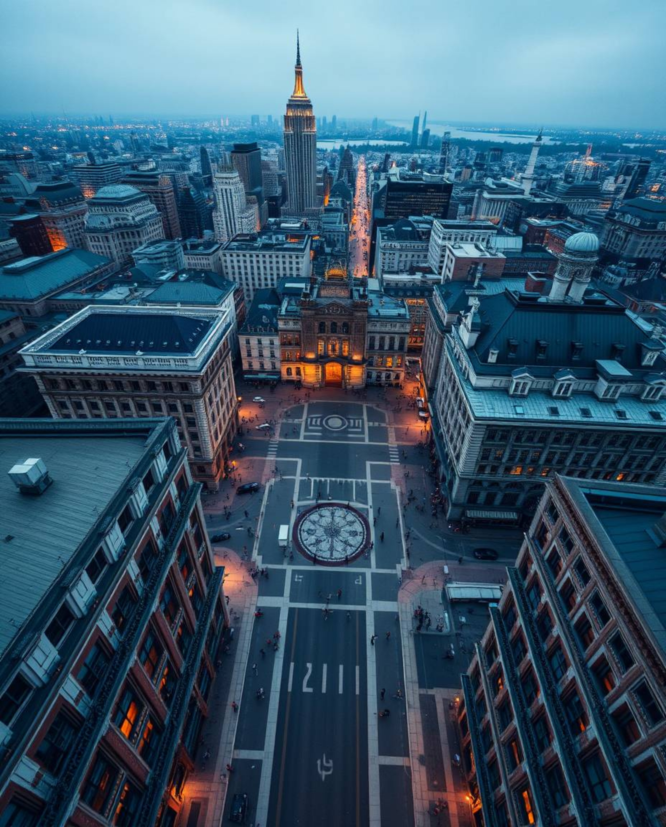 Immerse yourself in a breathtaking scene of architectural color photography capturing a city ablaze. From a bird's eye view, 