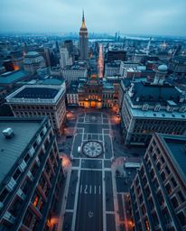 Immerse yourself in a breathtaking scene of architectural color photography capturing a city ablaze. From a bird's eye view, 