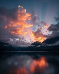 A beautiful photograph showcasing gentle, soft light illuminating the stunning reflections of fiery clouds in a mountain lake