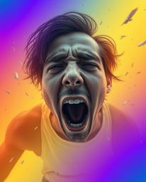 A captivating high-angle shot depicts a person screaming amidst a world dissolving into smooth, ethereal pixels.  This surrea