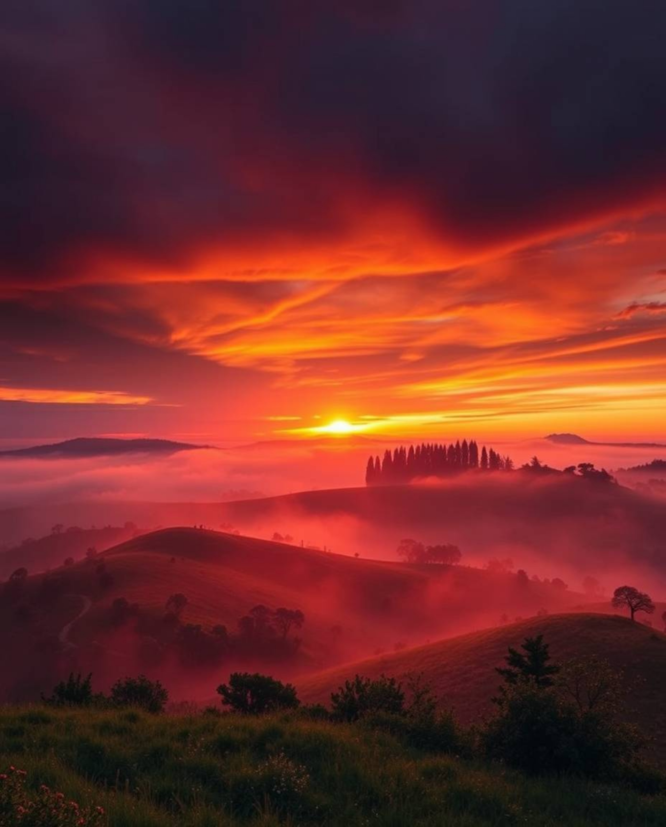 This is a dramatic, cinematic-style image of a sunset over the misty, rolling hills of Tuscany. The scene is characterized by