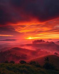This is a dramatic, cinematic-style image of a sunset over the misty, rolling hills of Tuscany. The scene is characterized by