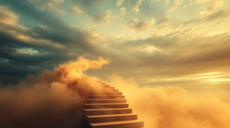 A mesmerizing visual featuring a winding stairway of smoke and light ascending into a vast, cloudy sky, this artwork represen