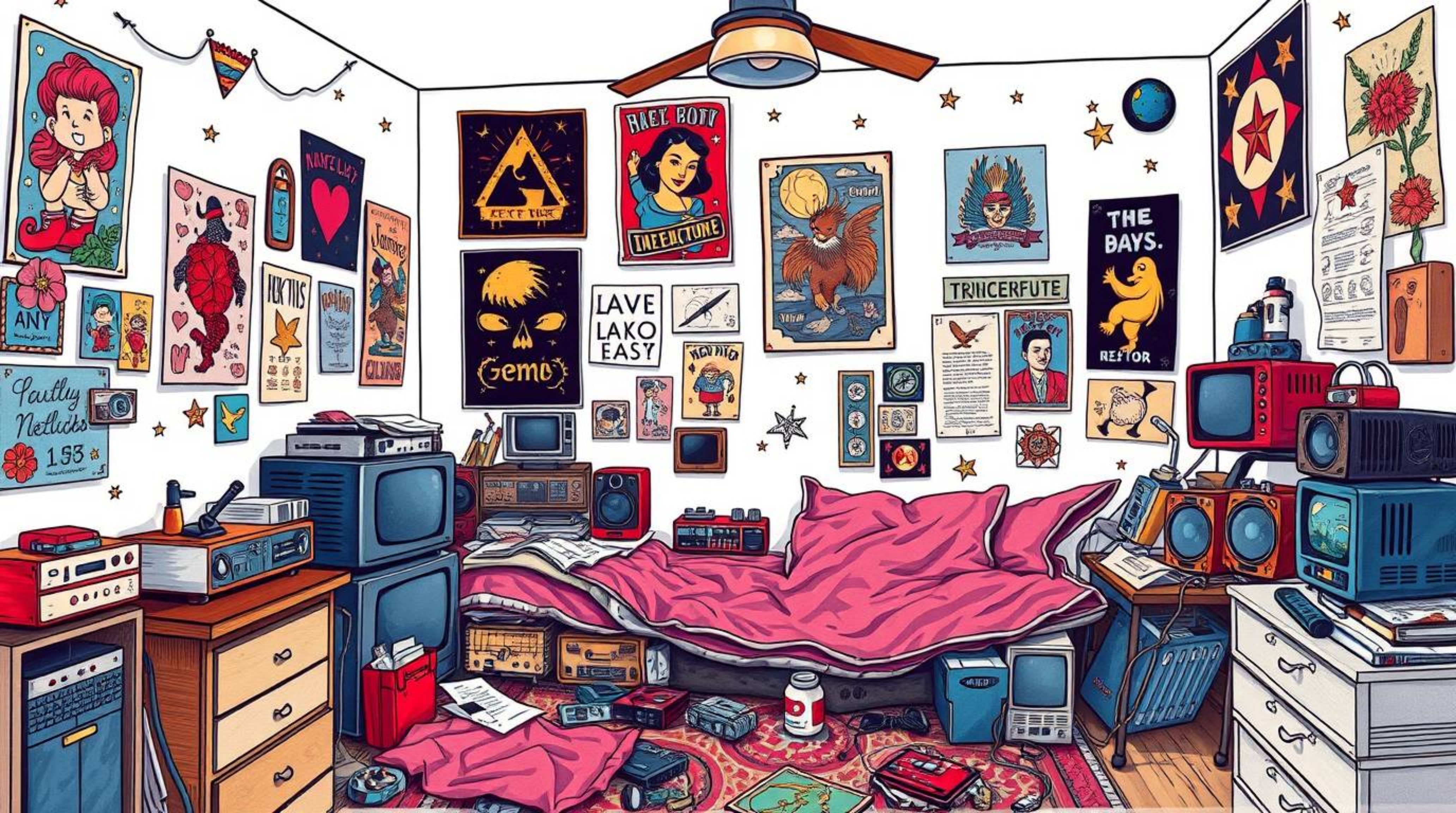 This vibrant tattoo-style print depicts a messy bedroom scene filled with retro gadgets and posters.  The design features com
