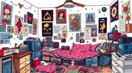 This vibrant tattoo-style print depicts a messy bedroom scene filled with retro gadgets and posters.  The design features com