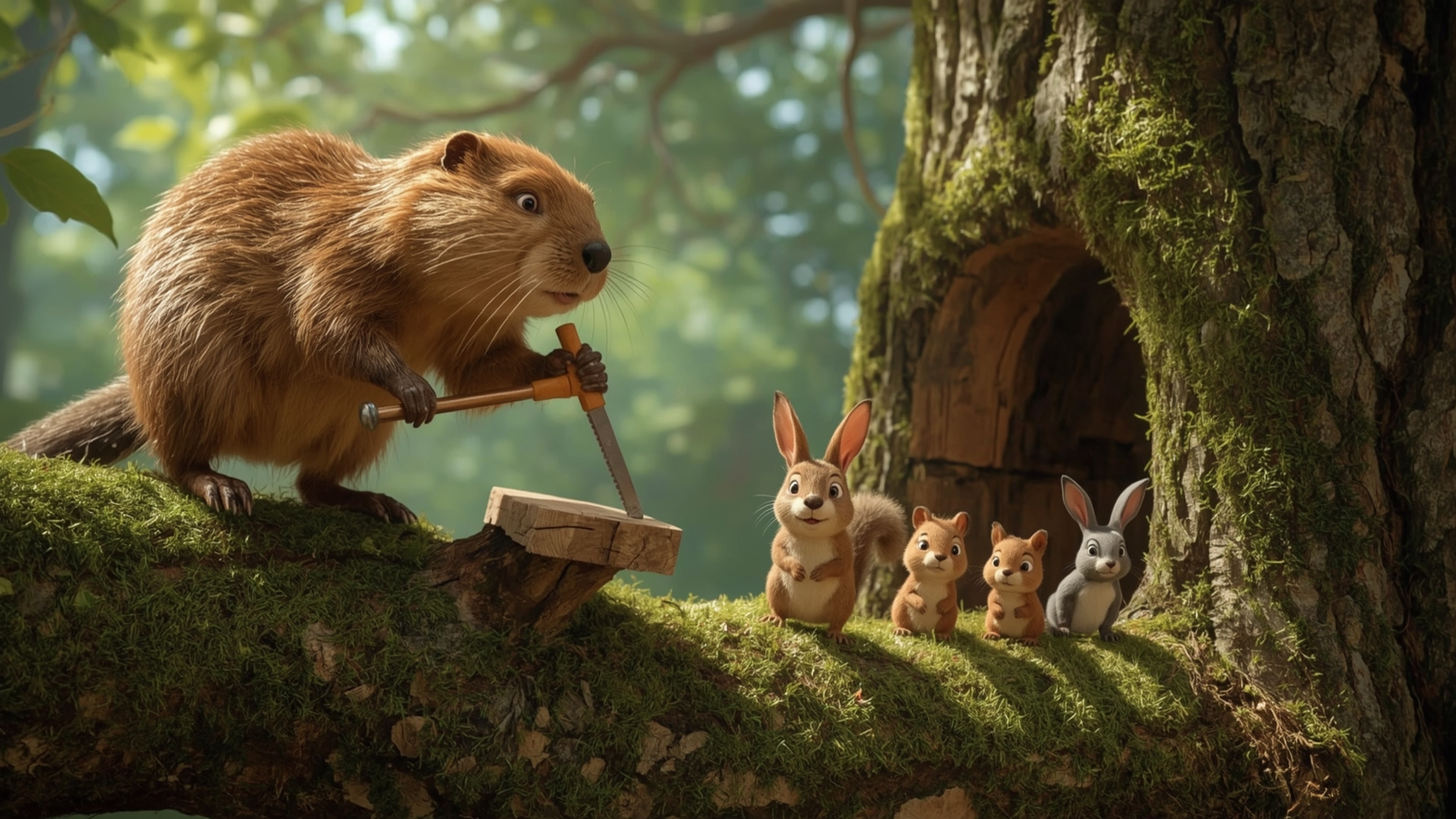 A high-resolution, professionally captured stock photo of a busy beaver, depicted in a vibrant, stylized Pixar-inspired manne