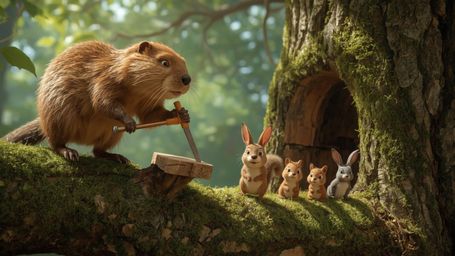 A high-resolution, professionally captured stock photo of a busy beaver, depicted in a vibrant, stylized Pixar-inspired manne