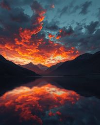 A digital painting captures the reflections of fiery clouds in a mountain lake, employing dramatic chiaroscuro lighting to cr