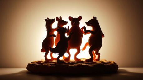 This captivating clay sculpture depicts an animal dance party in silhouette against a vibrant backdrop, skillfully highlighti
