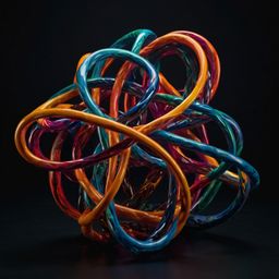 This captivating 3D abstract sculpture features a dynamic composition of intertwining shapes brought to life with vibrant col