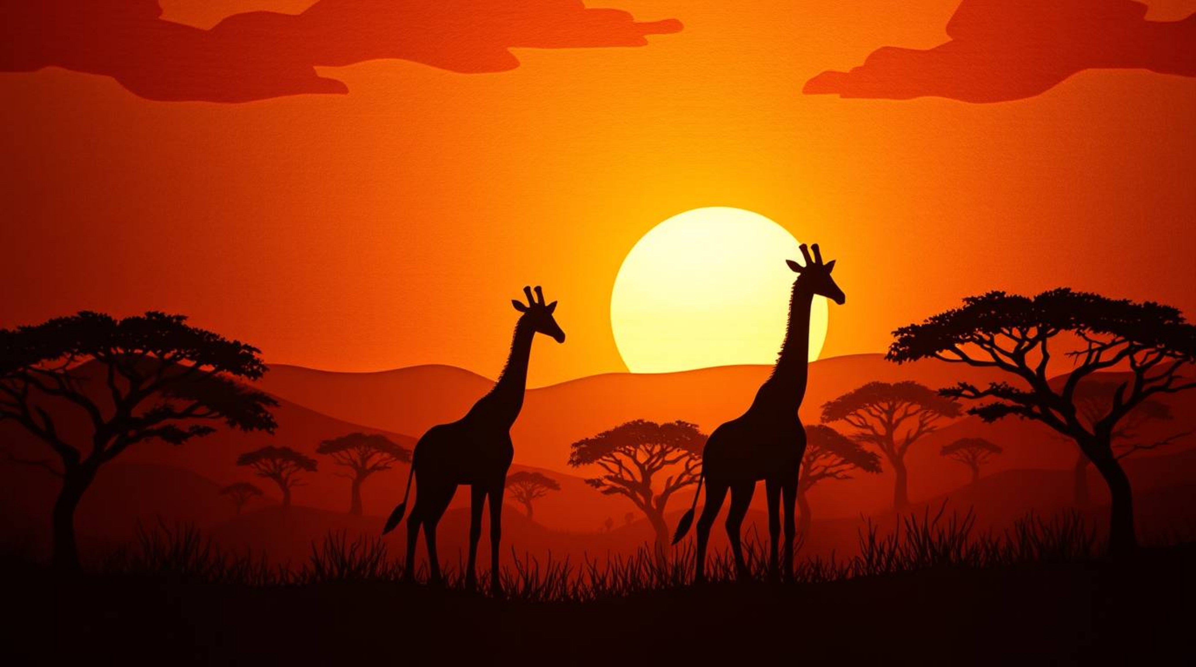 A stunning sunset savanna scene showcasing silhouetted giraffes crafted with layered papier-mâché. The artwork features metic