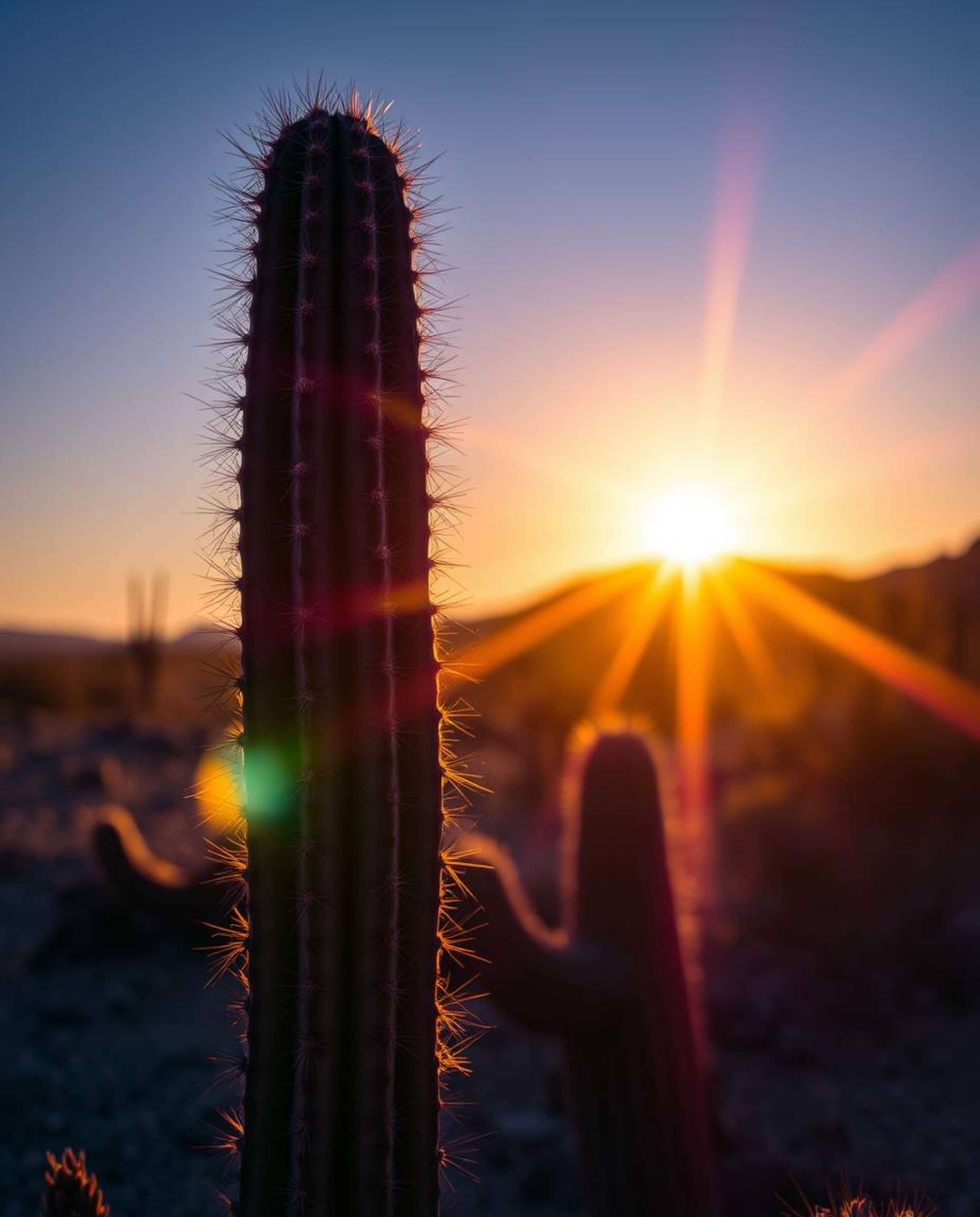 An intense, extreme close-up captures a desert cactus glowing fiercely in the last rays of the sun. The scene is defined by i