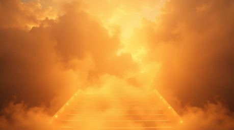 An ethereal image of a winding stairway composed of smoke and light ascends into a vast, cloudy sky.  This evocative scene, c