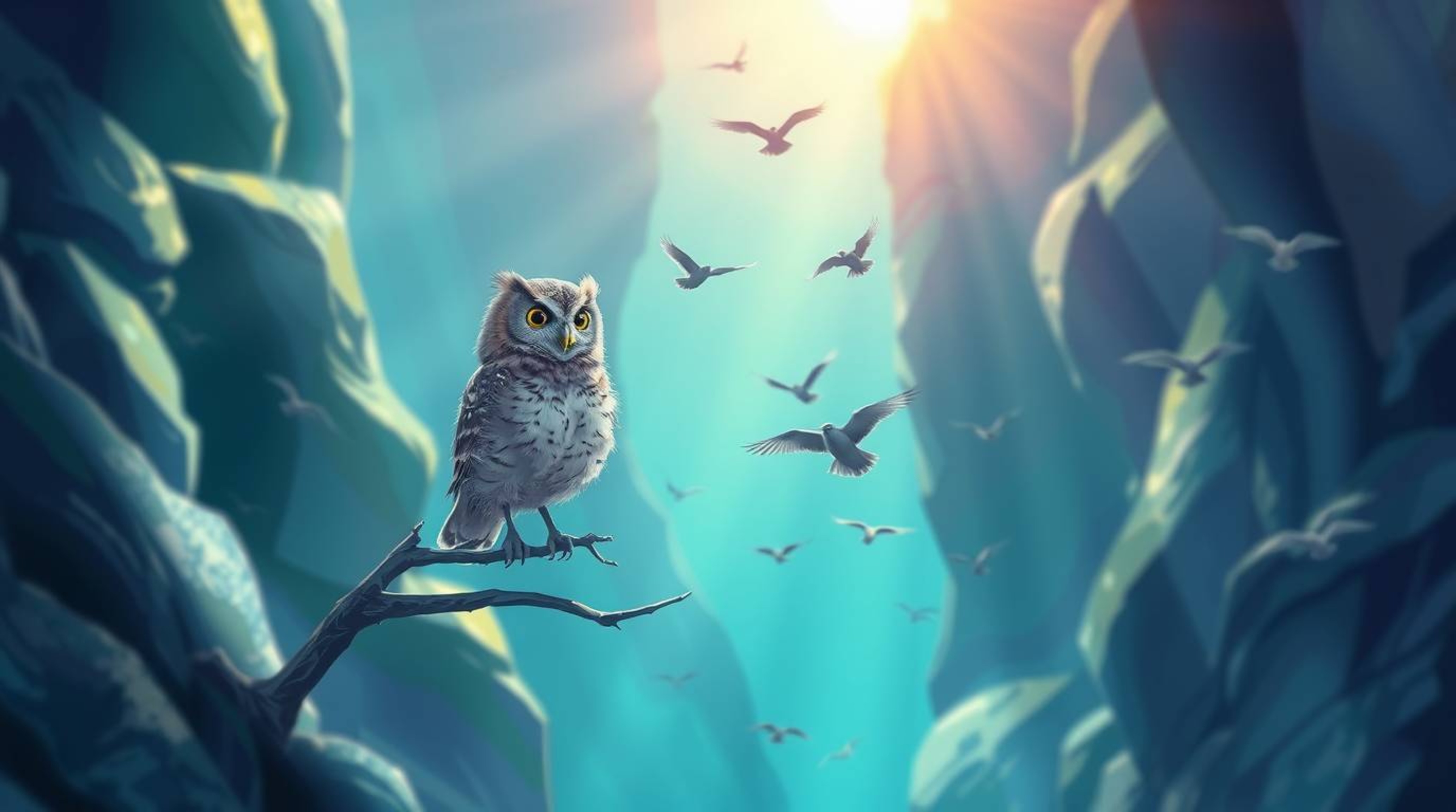 This stunning photographic style illustration, utilizing a long exposure effect, depicts a blind owl with downy feathers as i