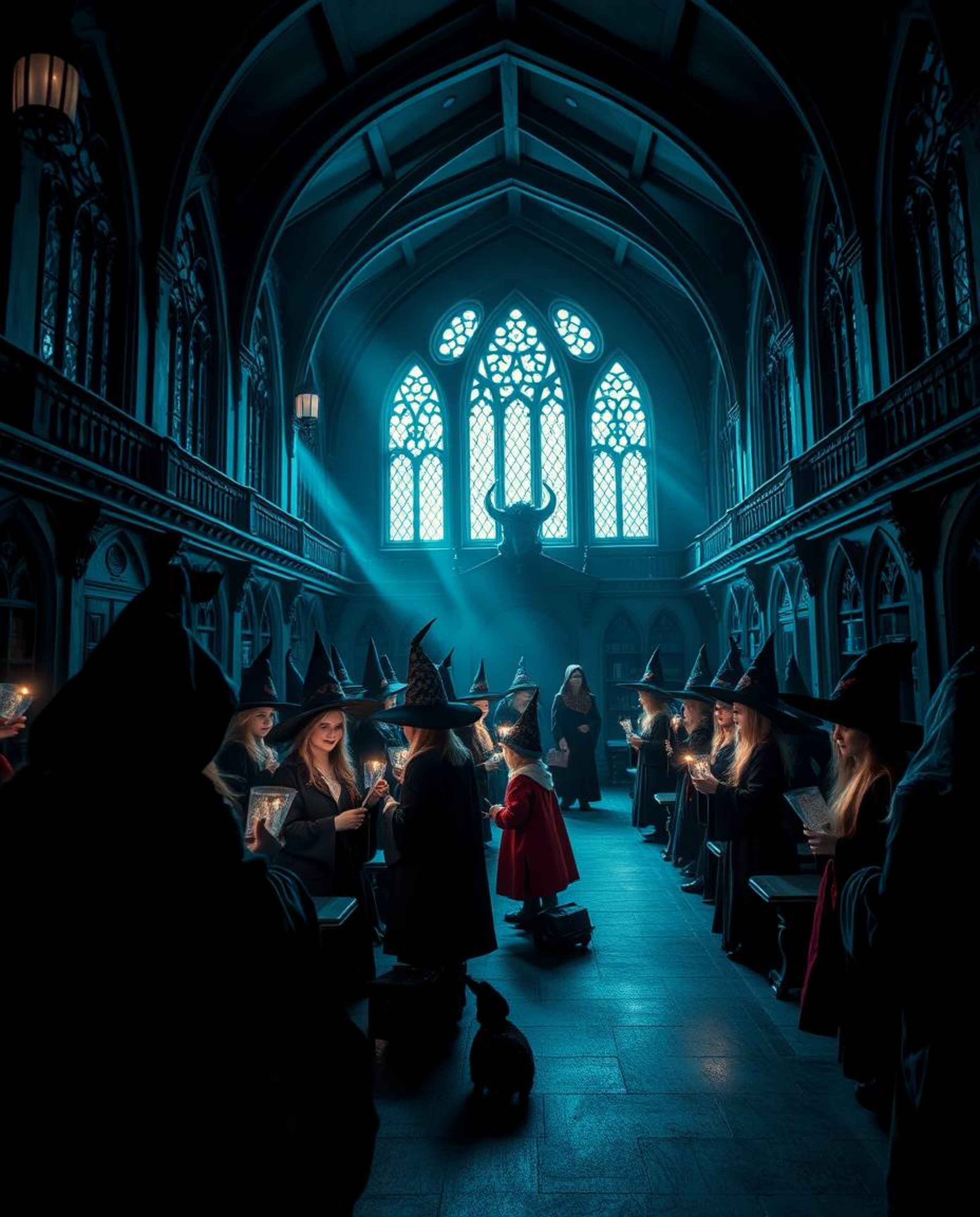 Discover a captivating image of a magical school brimming with young wizards.  Rendered in rich deep teal with intense dramat