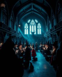 Discover a captivating image of a magical school brimming with young wizards.  Rendered in rich deep teal with intense dramat
