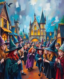 This oil painting depicts a magical school teeming with young wizards, rendered in vibrant complementary colors and rich text