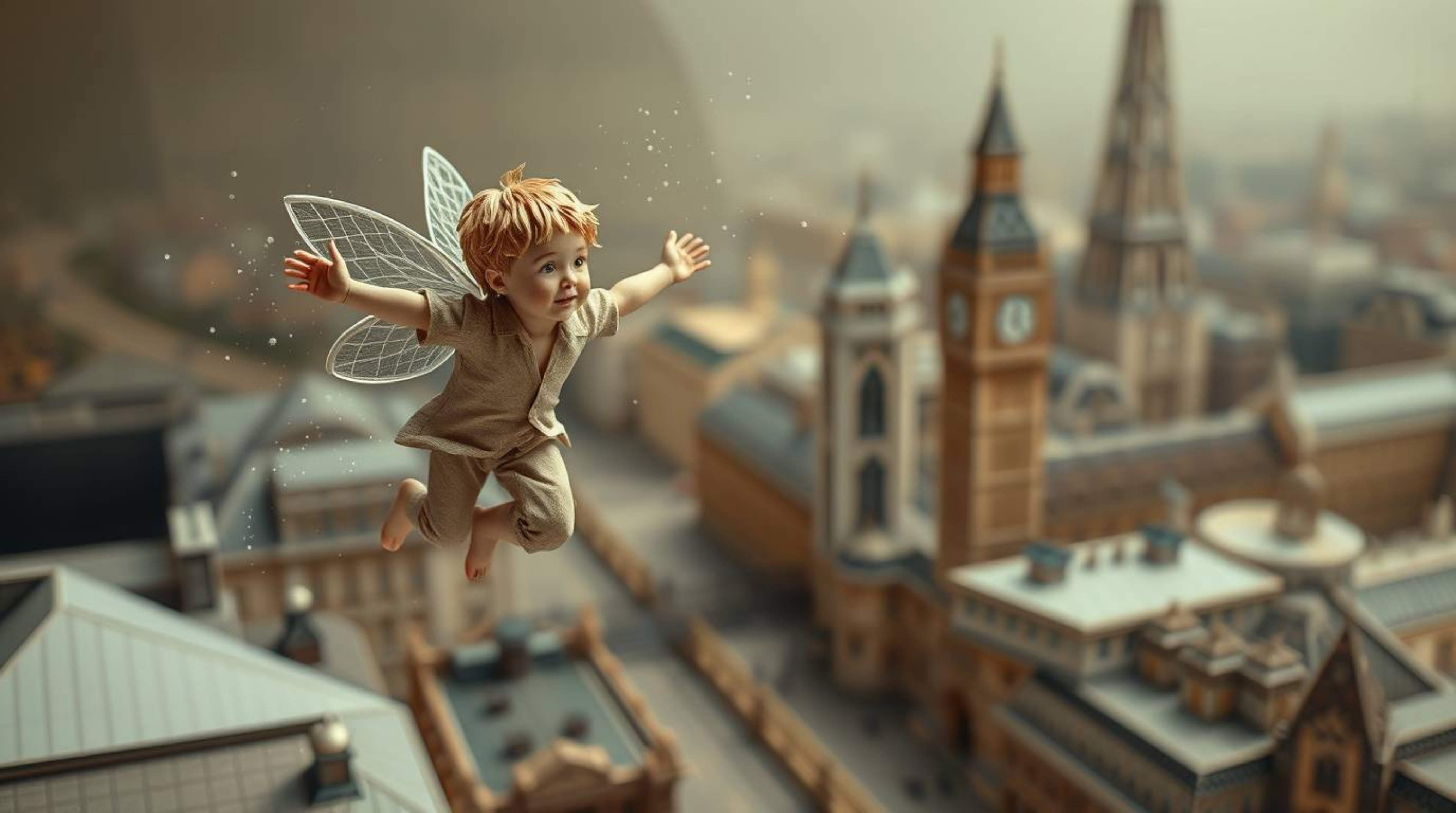 An extreme macro close-up image of a young boy soaring above a London backdrop, powered by pixie dust. The scene is rendered 