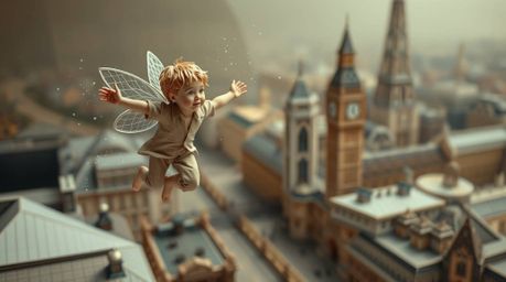 An extreme macro close-up image of a young boy soaring above a London backdrop, powered by pixie dust. The scene is rendered 