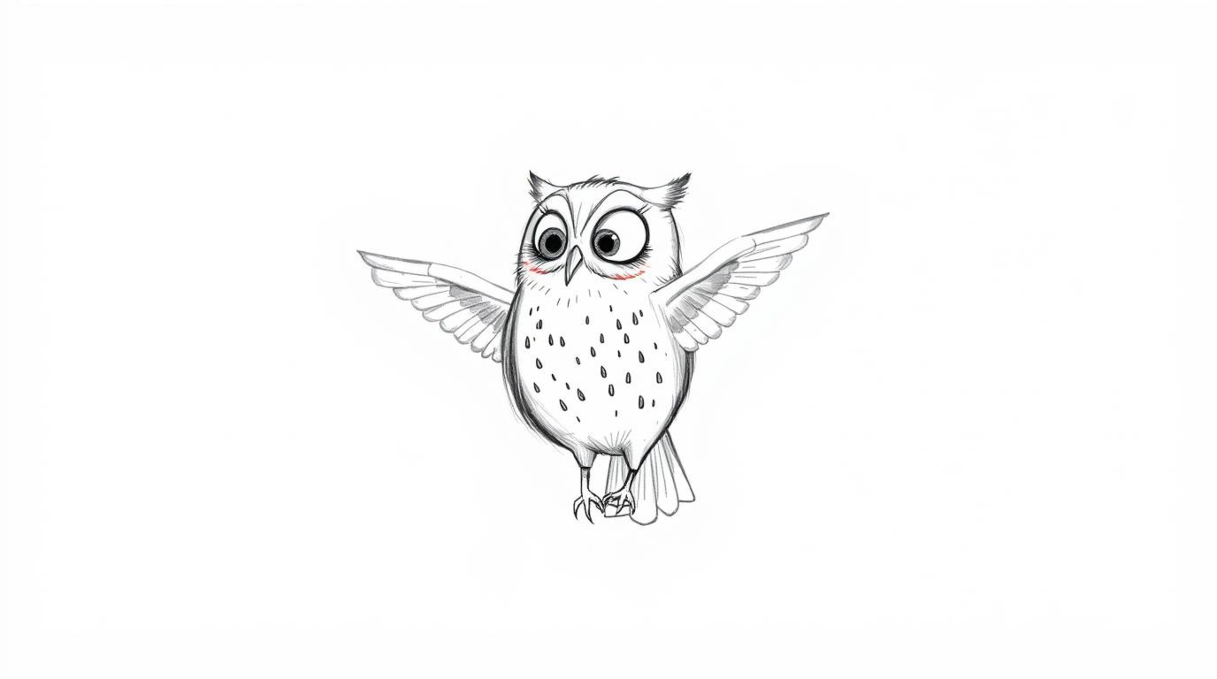 A charming hand-drawn sketch in the style of Pixar depicts a blind owl with soft, textured pencil strokes against a clean whi