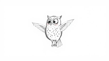 A charming hand-drawn sketch in the style of Pixar depicts a blind owl with soft, textured pencil strokes against a clean whi