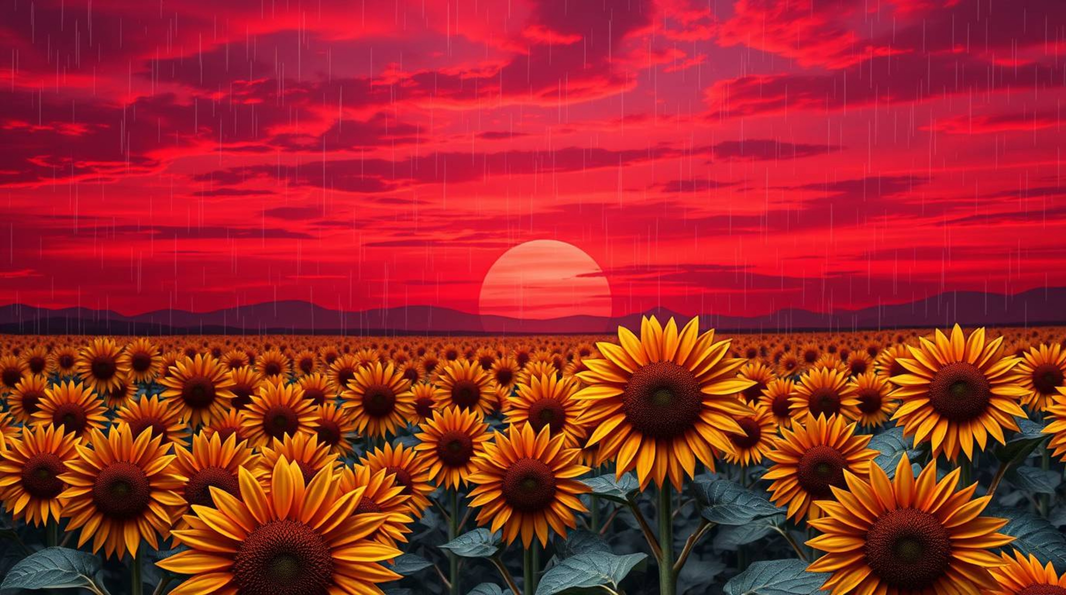 A captivating image showcases an intricate origami-style depiction of a sunflower field bathed in the ethereal glow of a deep