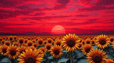 A captivating image showcases an intricate origami-style depiction of a sunflower field bathed in the ethereal glow of a deep