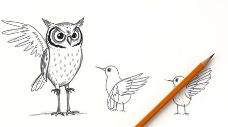 A heartwarming hand-drawn sketch in the style of Pixar depicts a blind owl, subtly suggesting its lack of sight, guiding and 