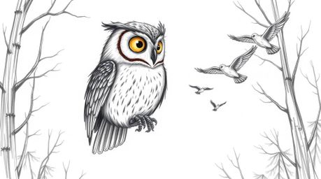 A captivating hand-drawn sketch depicts a gentle, blind owl guiding young birds in flight through a breathtaking cinematic fo