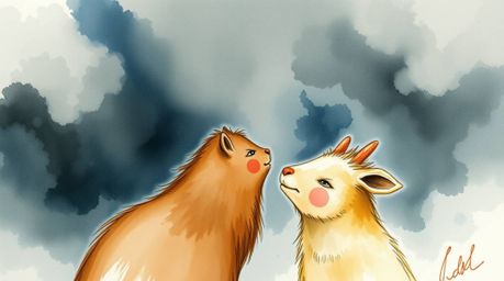 A delicate watercolor painting depicts two talking animals engaged in conversation amidst a backdrop of intense dramatic weat
