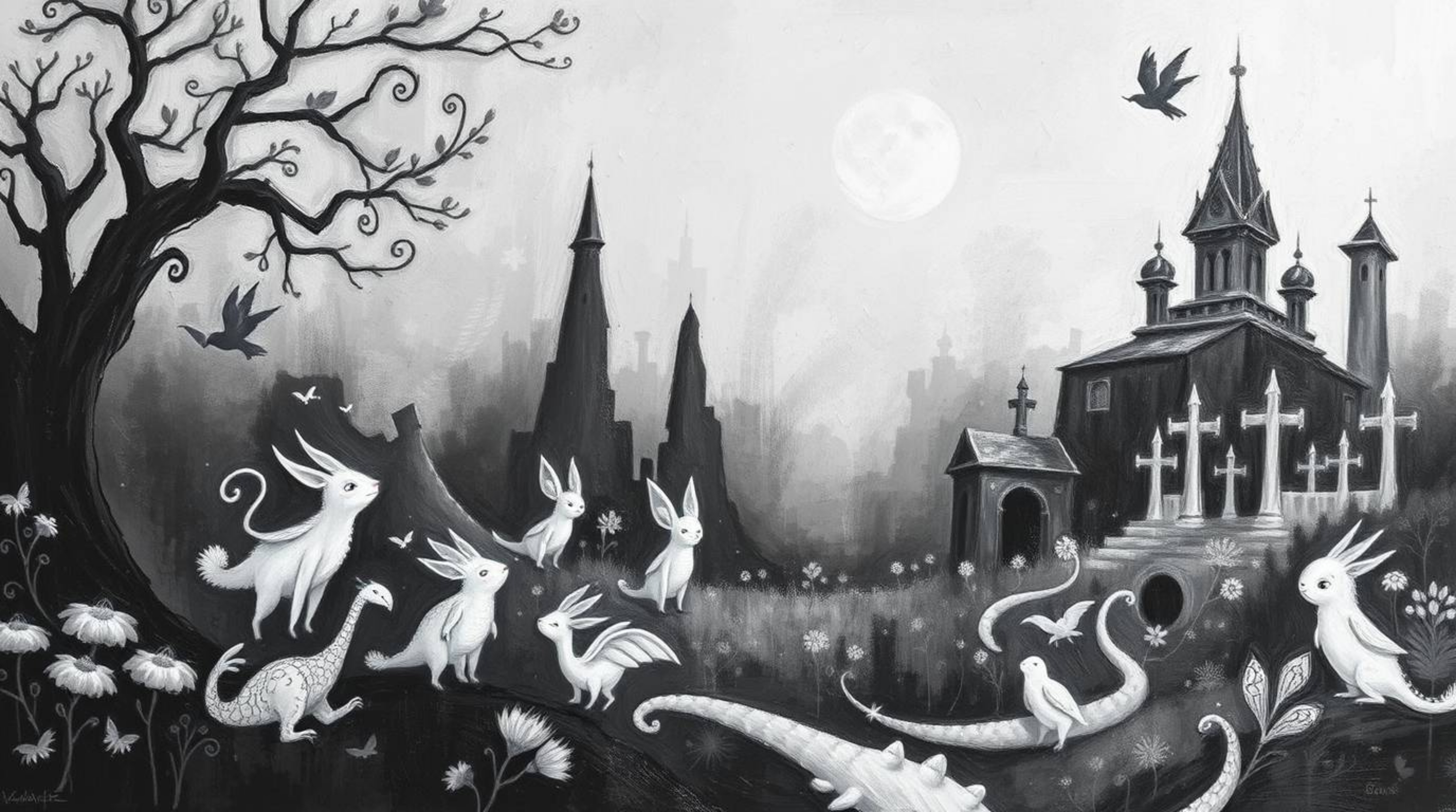 Explore a classic and ethereal black and white acrylic painting depicting a whimsical fantasy kingdom brimming with quirky ma