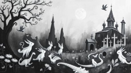 Explore a classic and ethereal black and white acrylic painting depicting a whimsical fantasy kingdom brimming with quirky ma