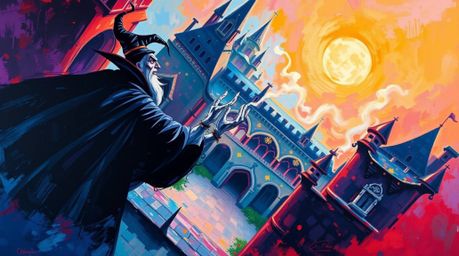 A captivating acrylic painting showcasing a classic Disney villain casting a powerful spell within the walls of an old castle