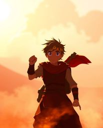 Embark on a captivating desert adventure with a brave hero in a Disney-esque style, bathed in the soft, dreamy light of a haz