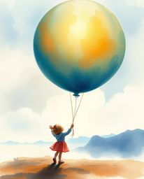 A delicate watercolor painting depicting a child holding a balloon in an epic scale, modern future grand scene. The artwork f