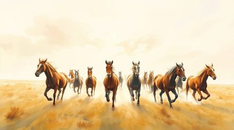 A delicate watercolor painting captures a breathtaking scene of a herd of wild horses running freely under a softly glowing s