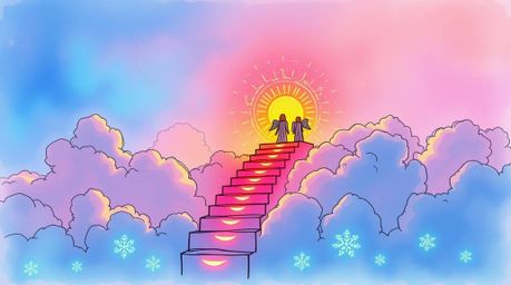 A hand-drawn sketch in a colorful sketchnote style depicts steps of light ascending into a cloudy sky, culminating in angelic