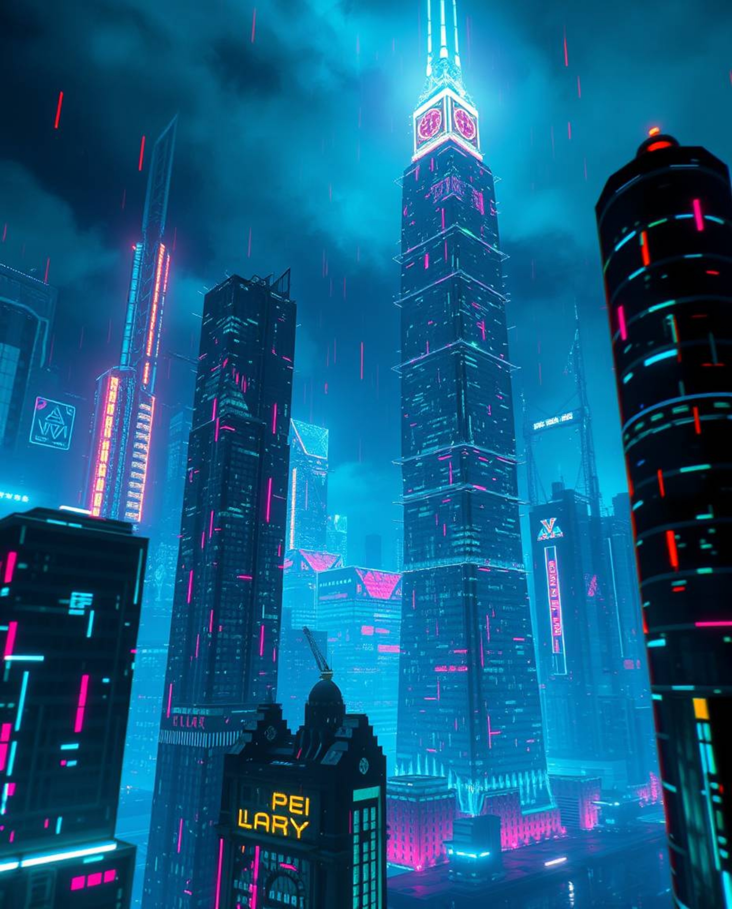 Explore a captivating glitchy digital landscape featuring distorted skyscrapers, vibrant bioluminescent colors, and unsettlin