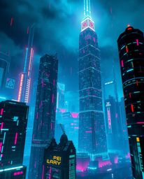 Explore a captivating glitchy digital landscape featuring distorted skyscrapers, vibrant bioluminescent colors, and unsettlin