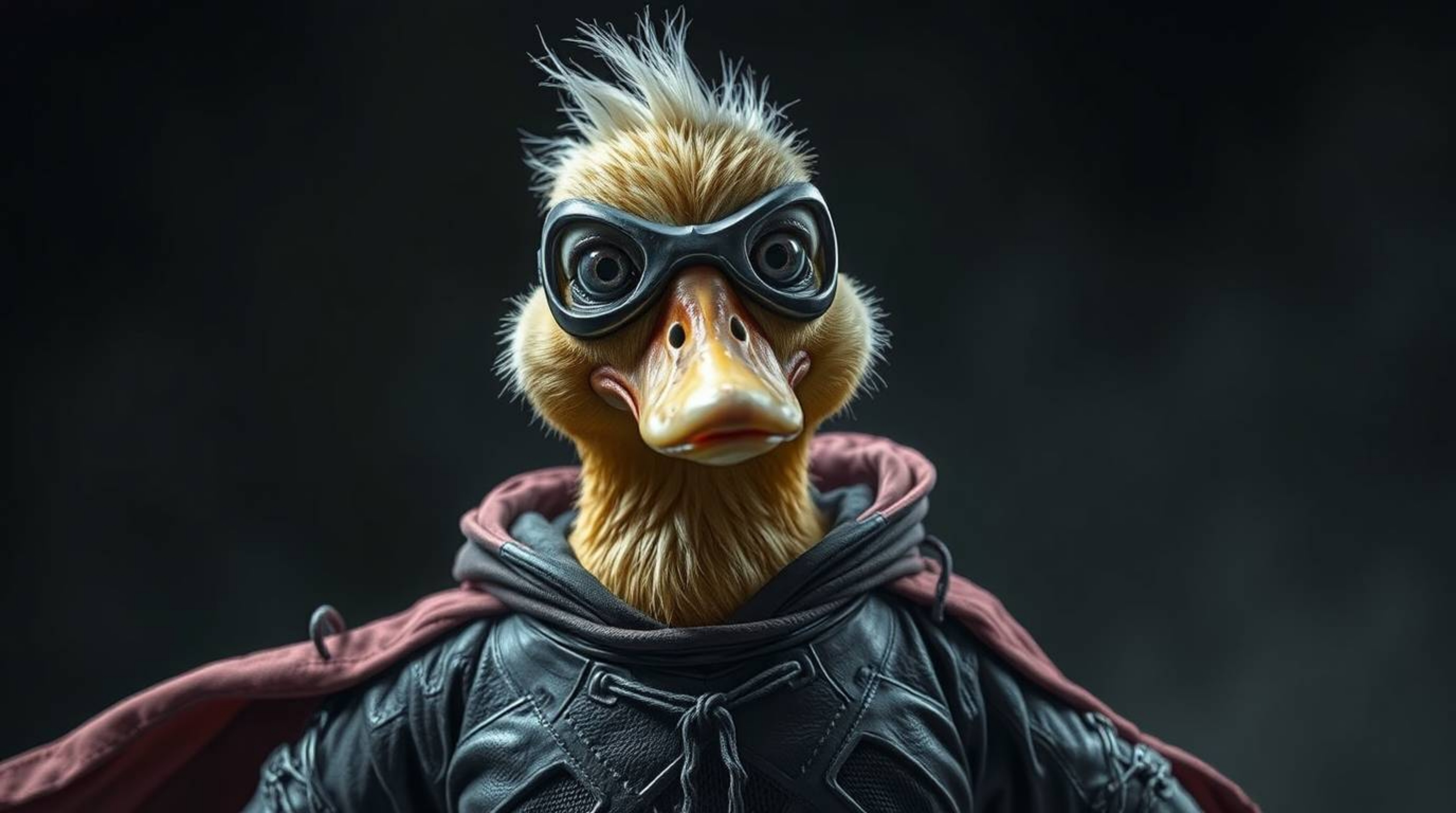 A creepy and eerie image featuring a duck in a zany superhero costume, rendered in dark and unsettling tones and details. Thi