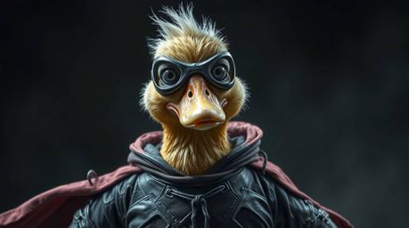 A creepy and eerie image featuring a duck in a zany superhero costume, rendered in dark and unsettling tones and details. Thi