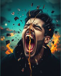 A captivating visual experience depicting a person screaming as their reality fractures into distinct, refined pixel art.  Th