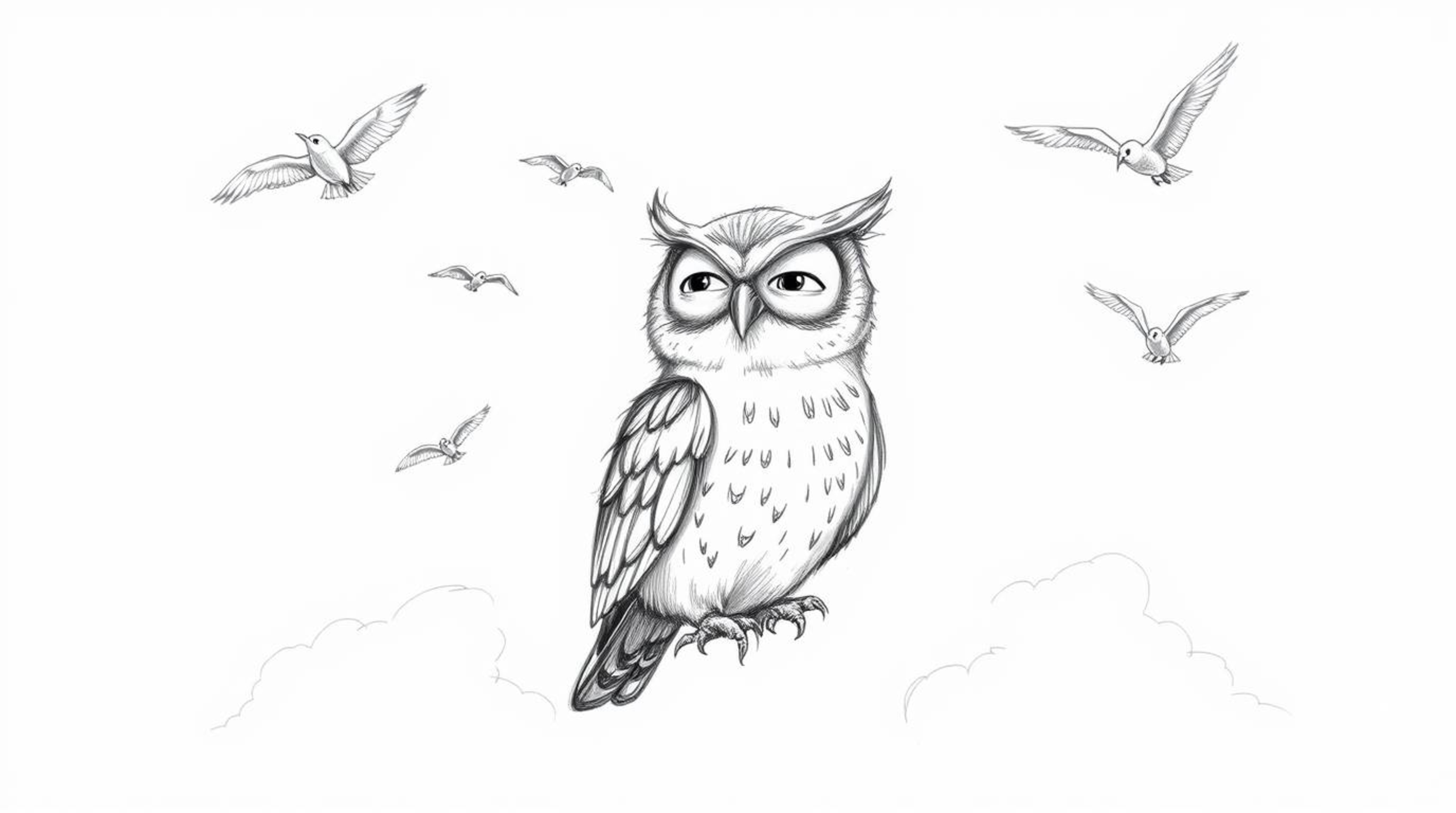 A charming, hand-drawn sketch depicts a blind owl with expressive features, dedicatedly teaching birds to fly amongst the clo