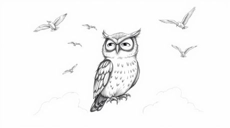 A charming, hand-drawn sketch depicts a blind owl with expressive features, dedicatedly teaching birds to fly amongst the clo