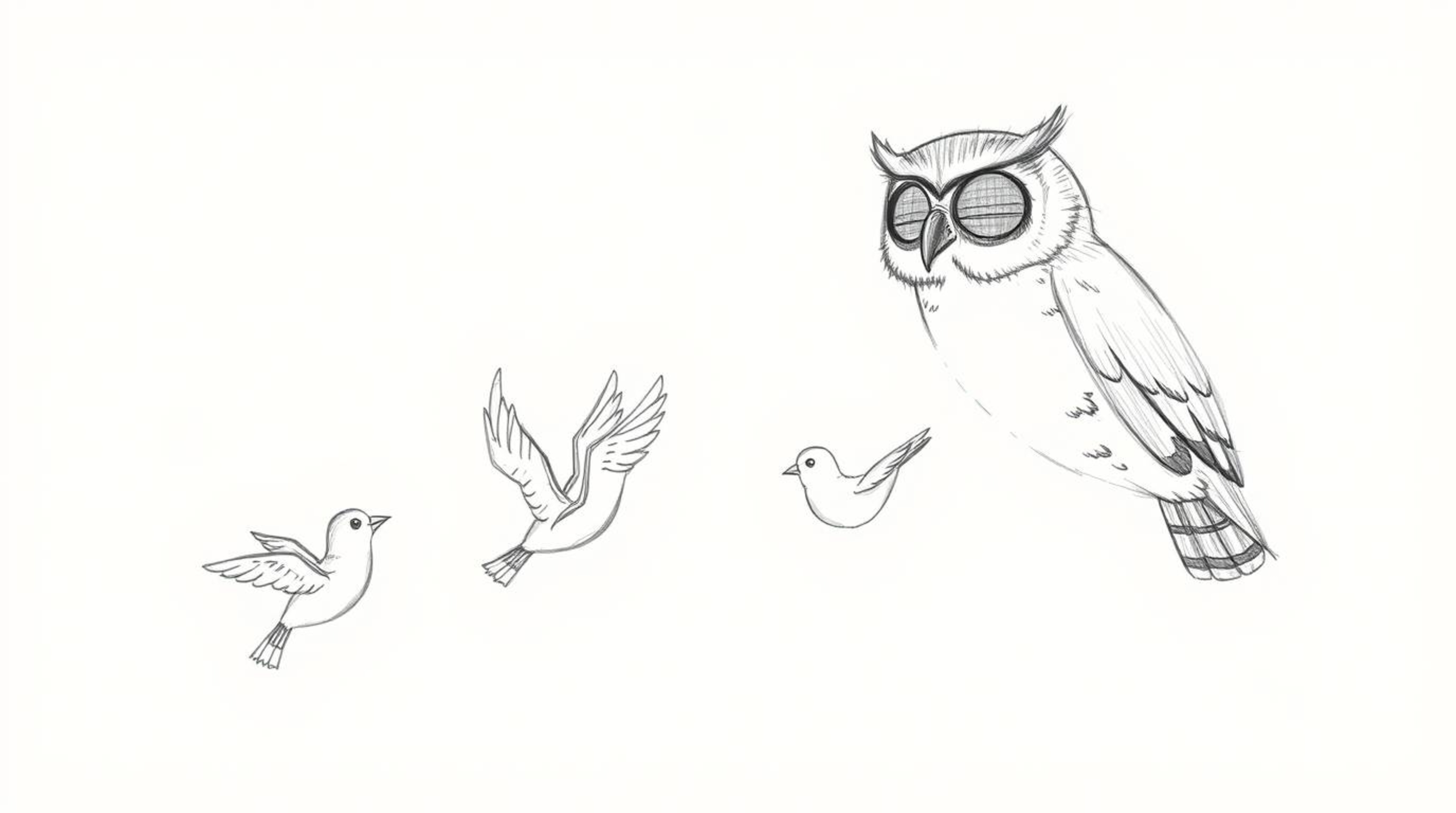 A heartwarming hand-drawn sketch in the style of Pixar, depicting a blind owl with gentle features conveying wisdom and patie