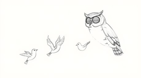 A heartwarming hand-drawn sketch in the style of Pixar, depicting a blind owl with gentle features conveying wisdom and patie
