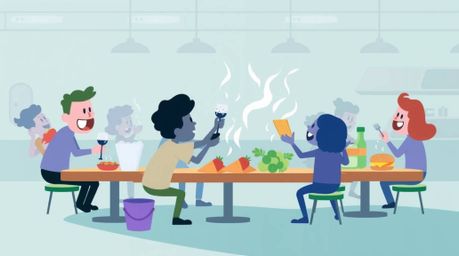 Experience a unique take on the classic food fight with this stylized cartoon illustration set in a cafeteria. Utilizing a co