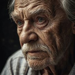This is a traditional pencil sketch depicting the wrinkled face of an old man. The artwork features deep lines that accentuat